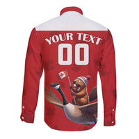 Red long-sleeve rugby button shirt back with Your Text 00 and Canada graphic