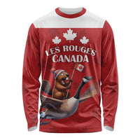 Red long-sleeve rugby shirt with white trim, Canadian graphic front