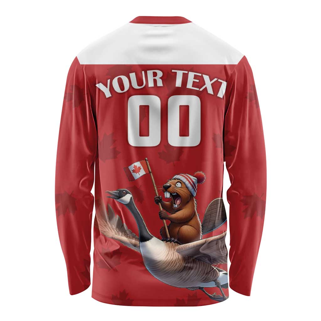 Red long-sleeve rugby shirt with white trim, graphic back