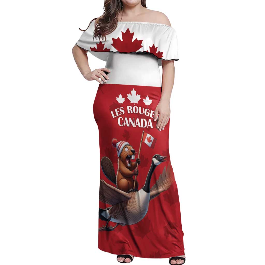 Custom Canada Rugby Off Shoulder Maxi Dress Beaver Riding A Goose - Wonder Print Shop