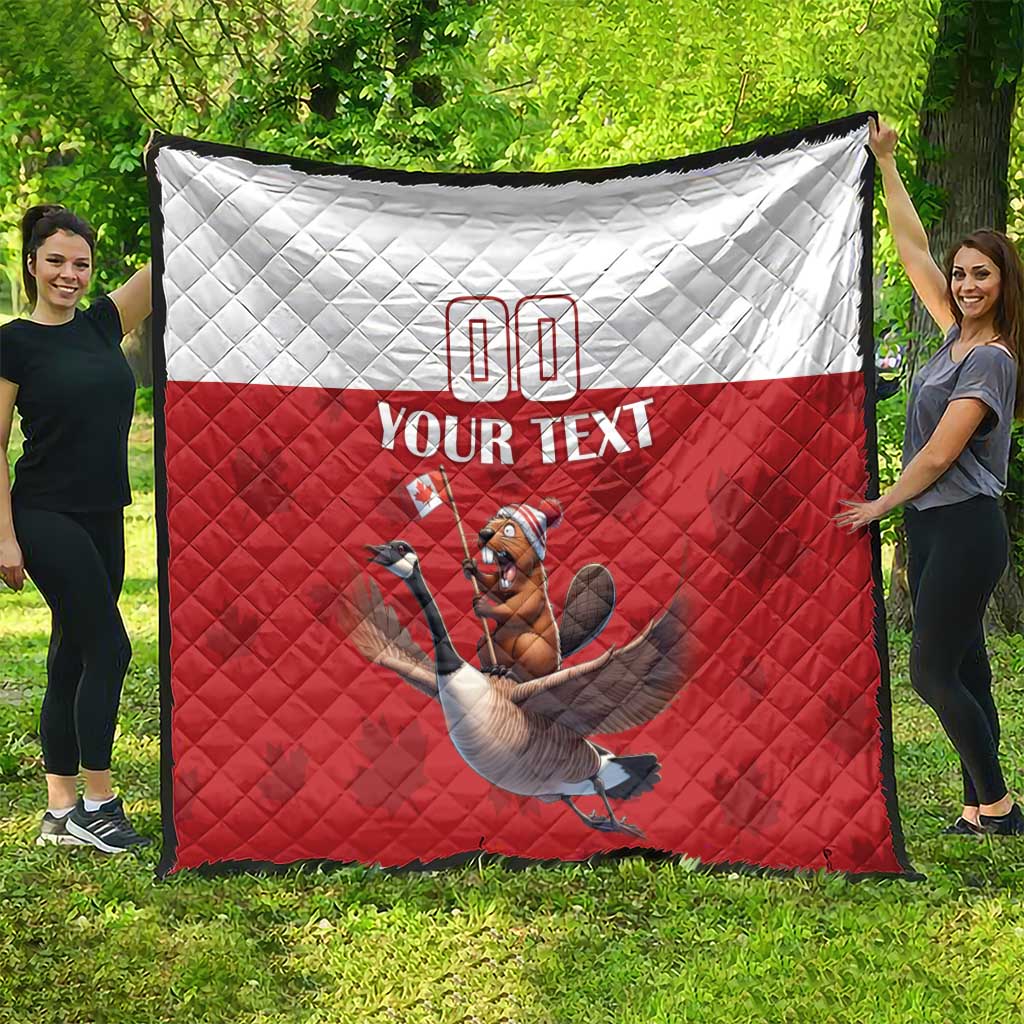 Red and white diamond-quilt blanket with custom 00, your text, and beaver-riding goose