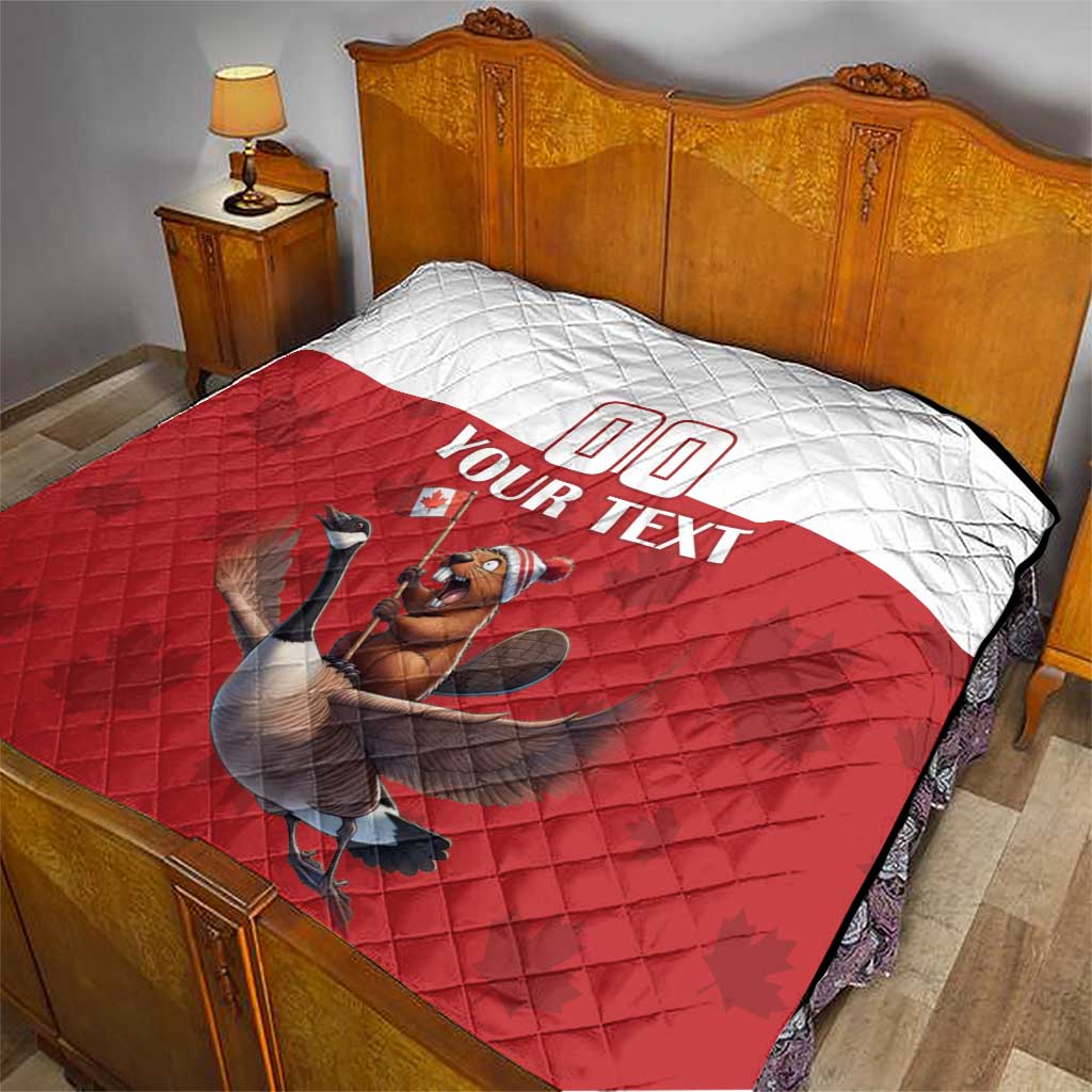 Red and white quilt on a bed, diamond stitching, custom 00 and your text, goose graphic