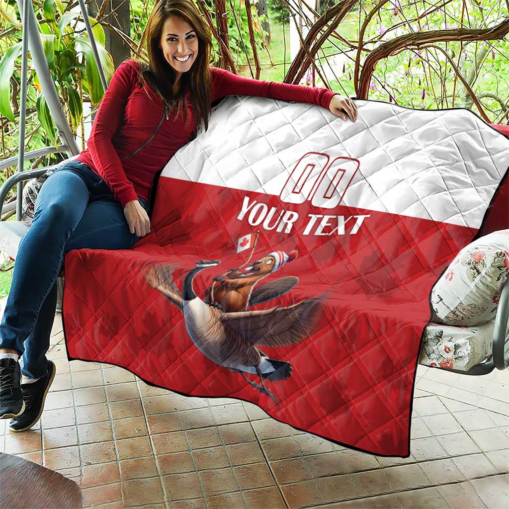 Red and white quilt blanket with diamond stitching, custom 00 and your text, beaver-riding goose