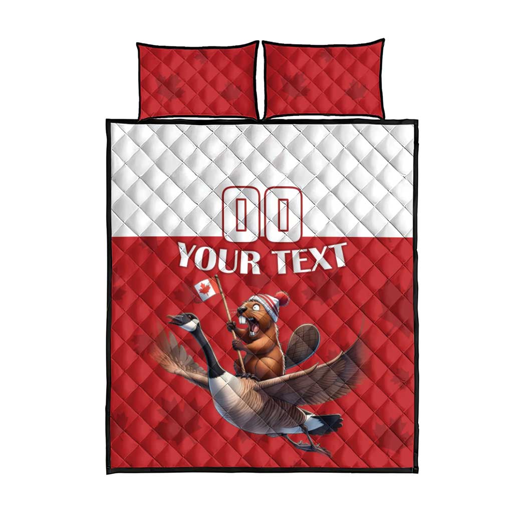 Red and white quilted bed set with two pillows, Canada-themed beaver-and-goose graphic