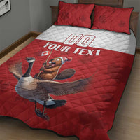 Red quilted bed set with two pillows, beaver-and-goose graphic and 'YOUR TEXT' banner