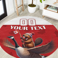 Red round custom rug with beaver riding a goose and Your Text banner