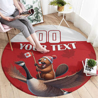 Red round custom rug featuring beaver riding goose and Your Text across center