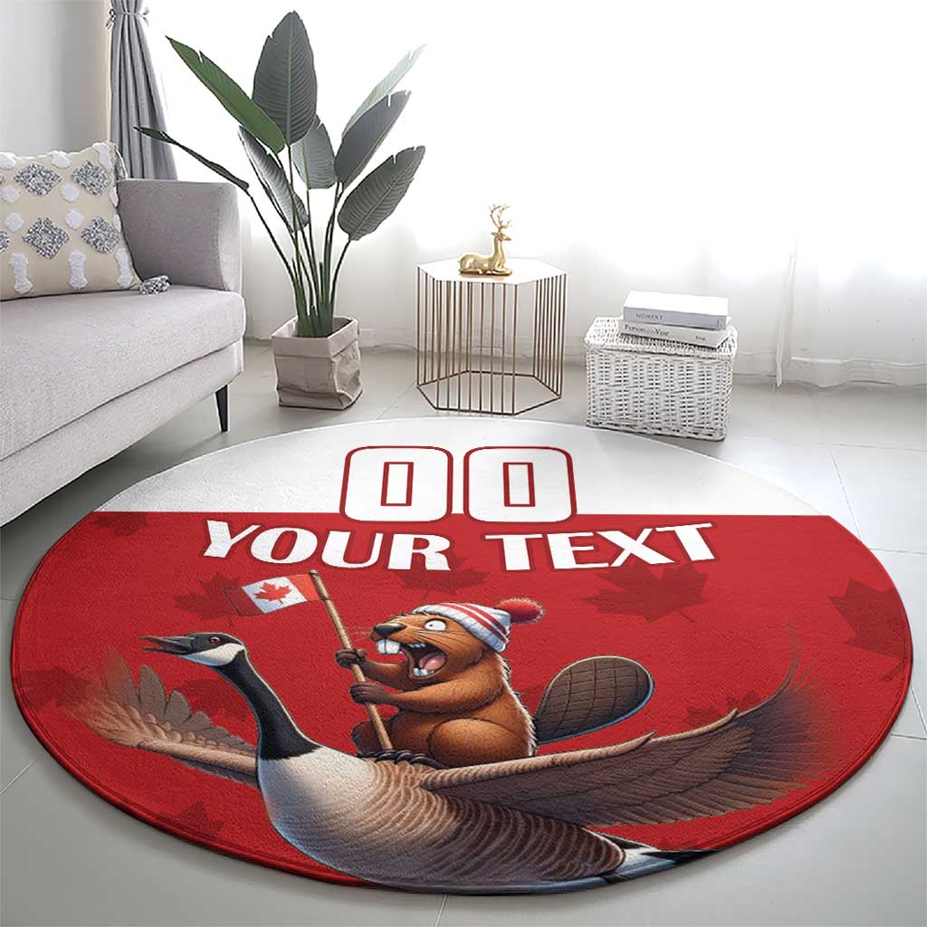 Red round custom rug with beaver riding goose, Your Text, and 00 outline icons
