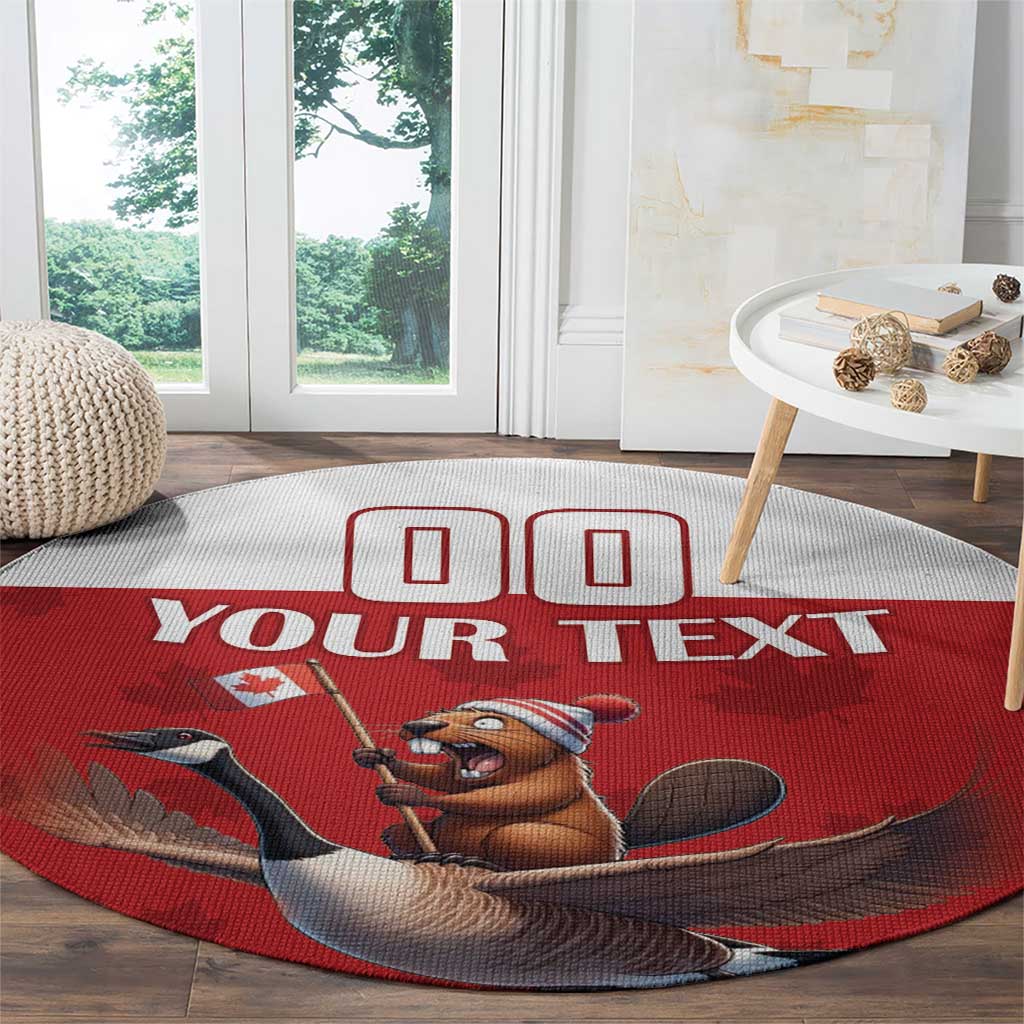 Red round custom rug with beaver riding goose under Your Text and 00 symbols