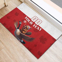 Red and white doormat featuring beaver riding goose, 'Your Text' centered