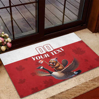 Red and white rubber doormat with beaver riding goose and 'Your Text' text strip