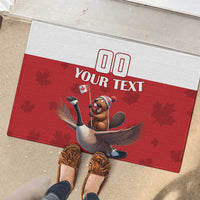 Red and white doormat with beaver riding goose, 'Your Text' and maple leaf motifs