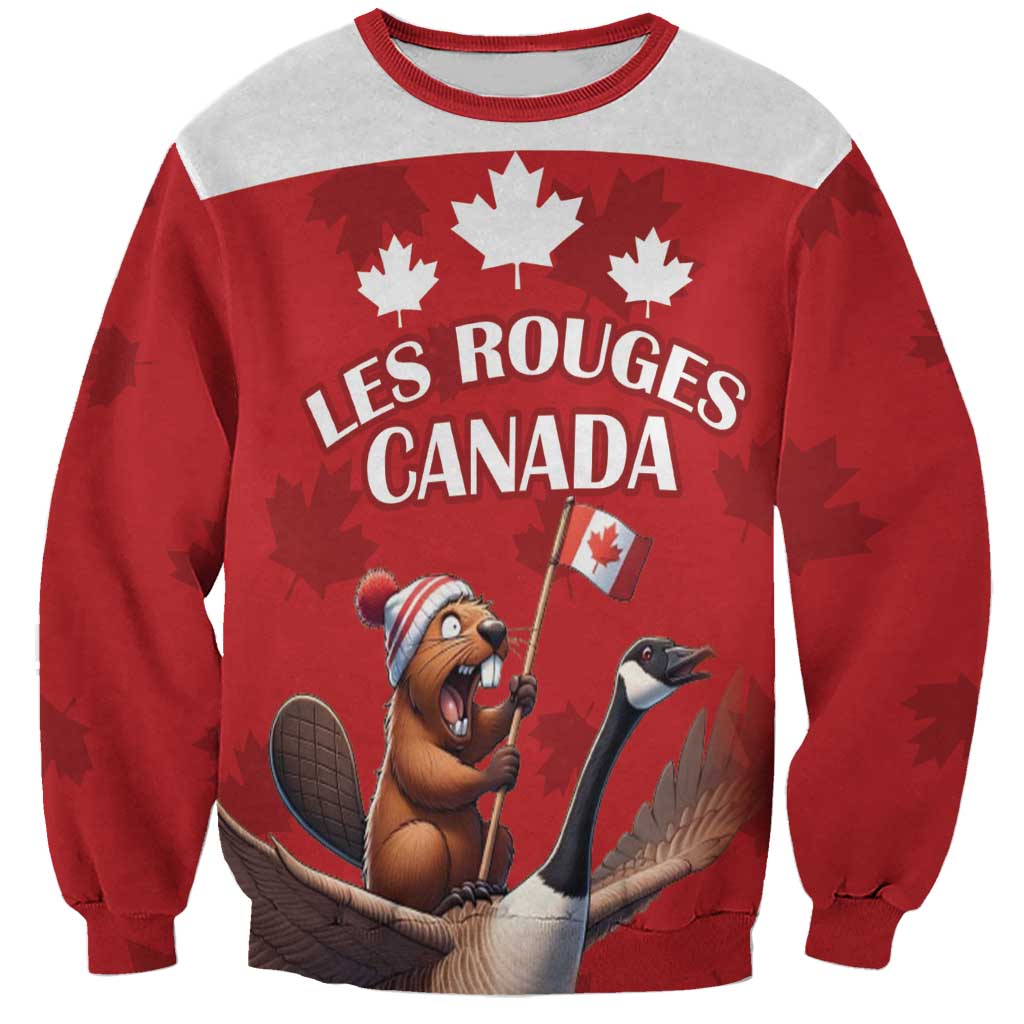 Red and gray rugby sweatshirt with front graphic 'LES ROUGES CANADA' beaver and maple leaves