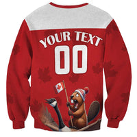 Red and gray rugby sweatshirt, large back graphic with 'YOUR TEXT' and '00' Canada leaves