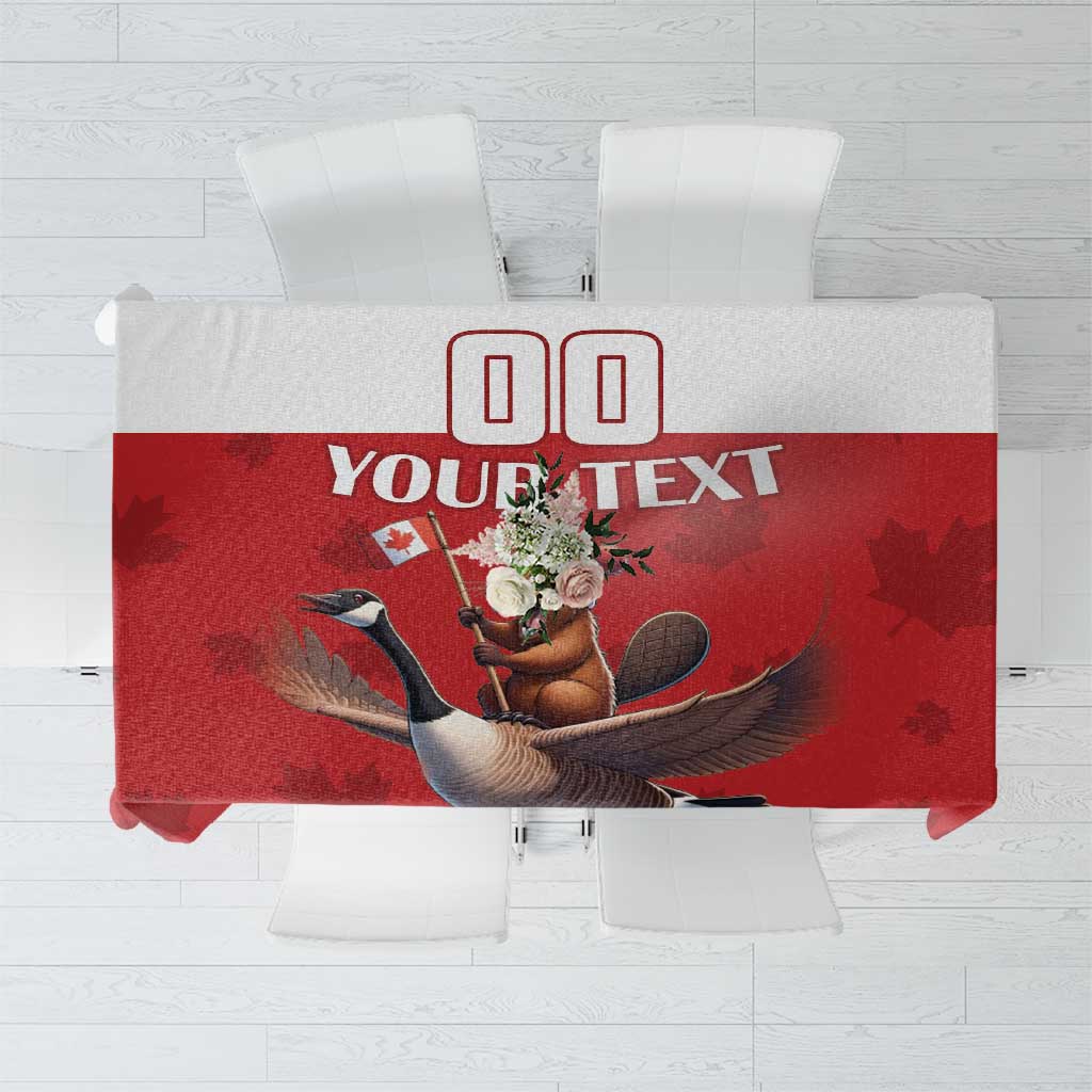 Red tablecloth mockup with custom text area and goose graphic