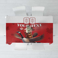 Red tablecloth mockup with custom text area and goose graphic