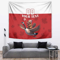 Red-and-white custom tapestry showing 'YOUR TEXT' with maple-leaf backdrop and goose