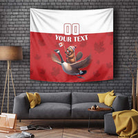 Custom red-and-white tapestry with 'YOUR TEXT', cartoon beaver riding a goose