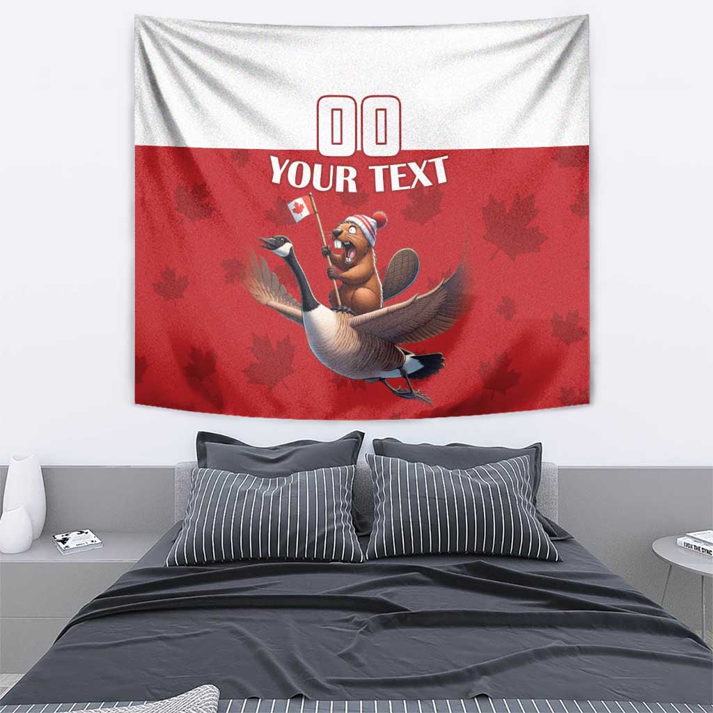 Red-and-white tapestry with 'YOUR TEXT' over maple leaves, cartoon beaver on goose