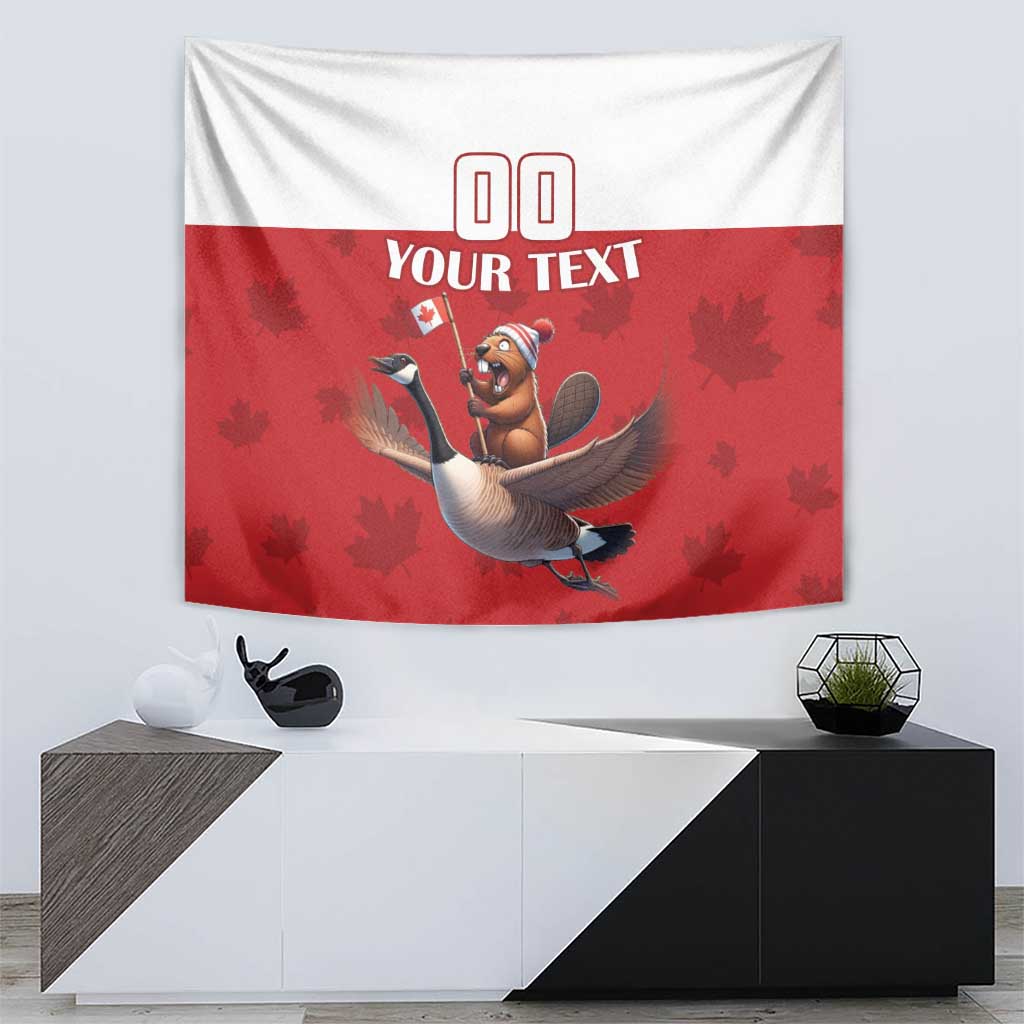 Centered red-and-white tapestry with 'YOUR TEXT' and cartoon beaver riding a goose
