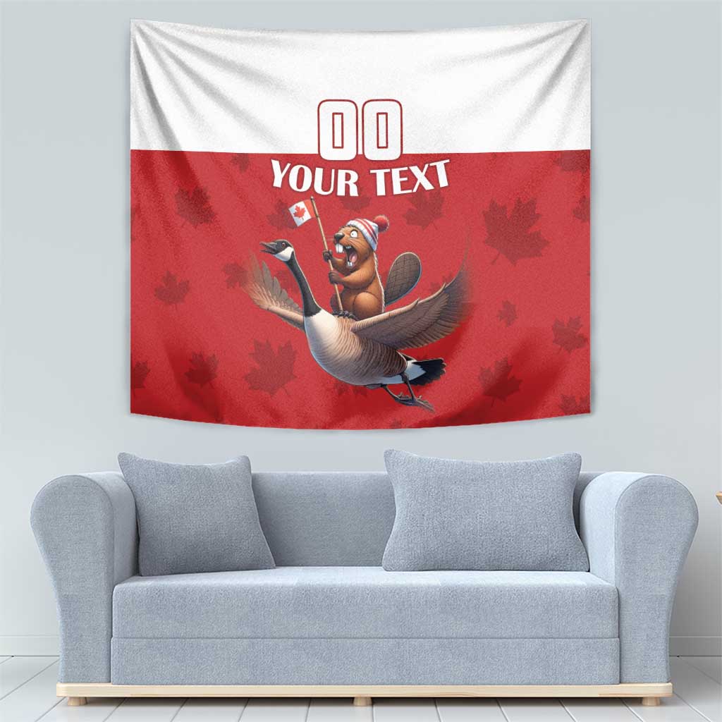 Custom tapestry with 'YOUR TEXT' in red band, cartoon beaver riding a goose