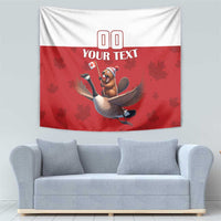 Custom tapestry with 'YOUR TEXT' in red band, cartoon beaver riding a goose