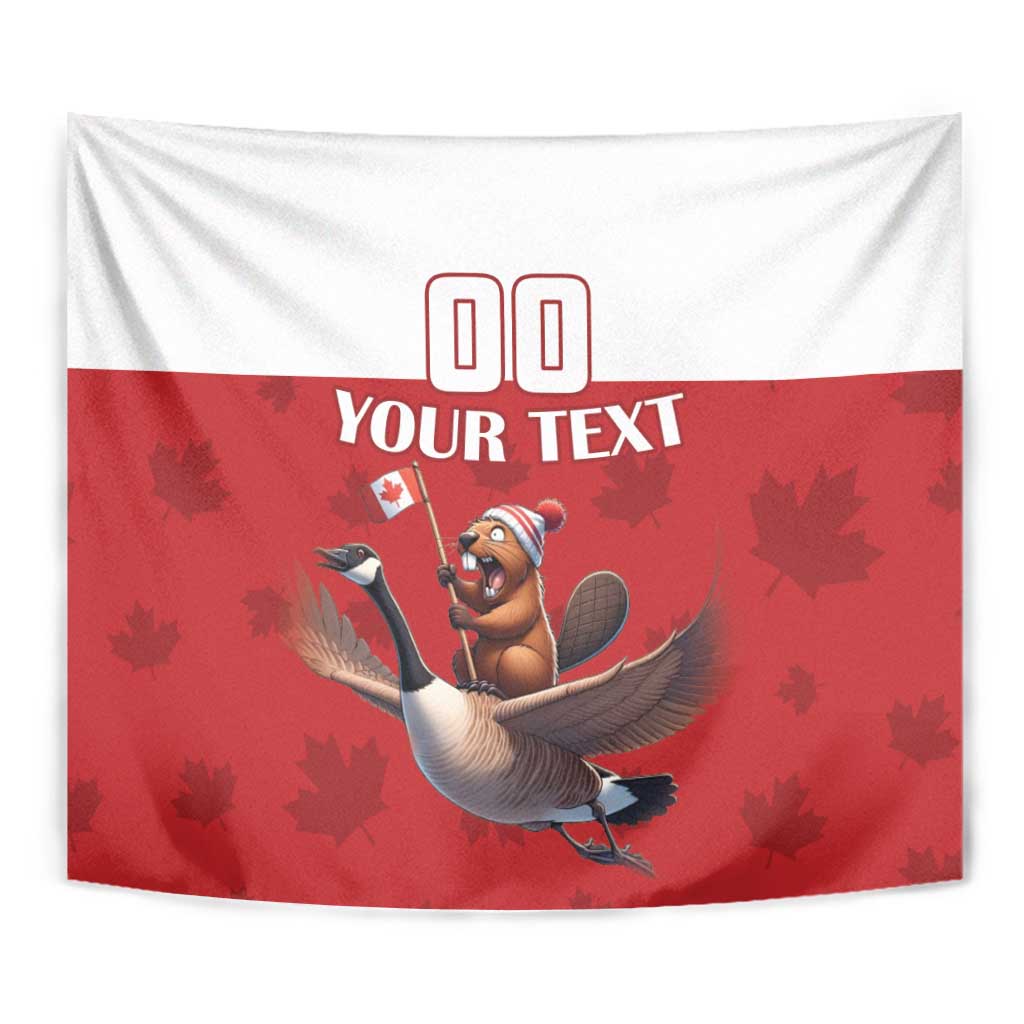Red-and-white wall tapestry with 'YOUR TEXT' and cartoon beaver on a goose