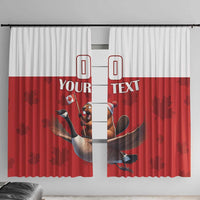 Red and white window curtain panels with goose-and-rider graphic and “YOUR TEXT” design
