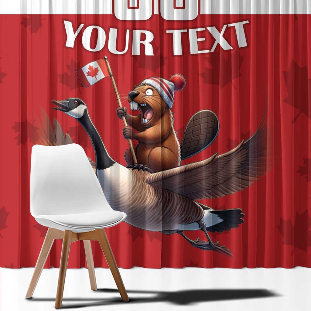 Red and white window curtain close-up with goose rider graphic and large “YOUR TEXT”