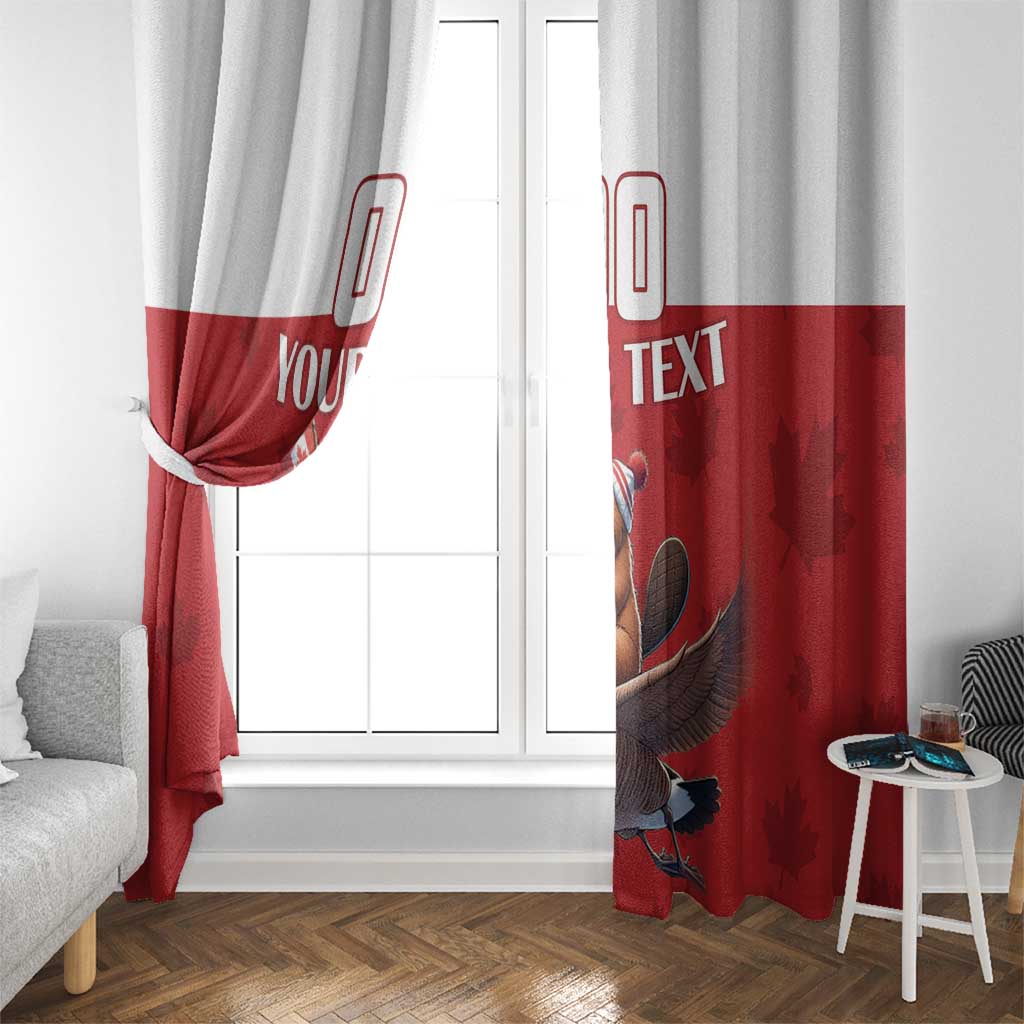 Red and white window curtain panels with goose rider print and “YOUR TEXT” lettering