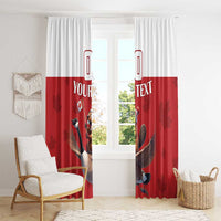 Red and white window curtain panels with goose rider artwork and “YOUR TEXT” window view