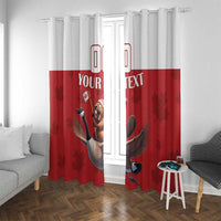 Red and white window curtain panels with goose rider design and “YOUR TEXT” across center