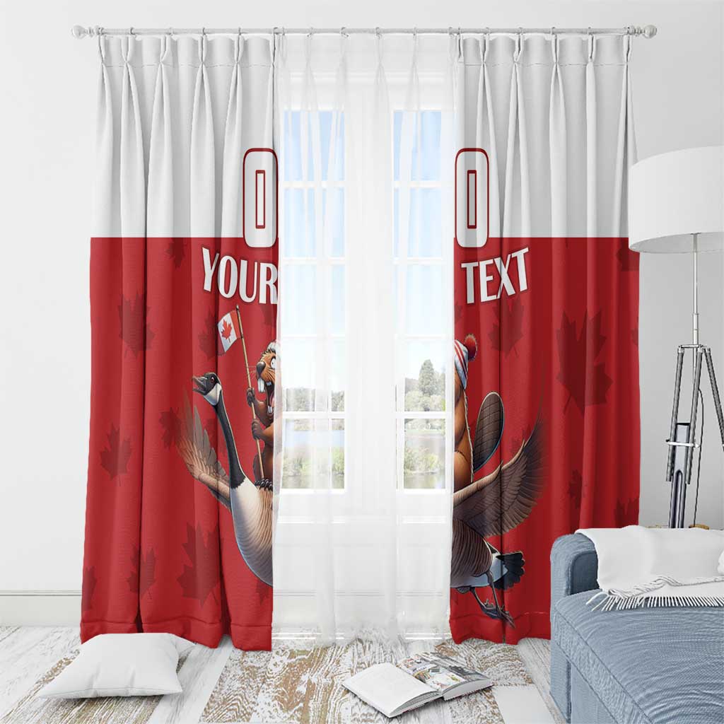 Red and white custom window curtain panels with goose rider artwork and “YOUR TEXT”