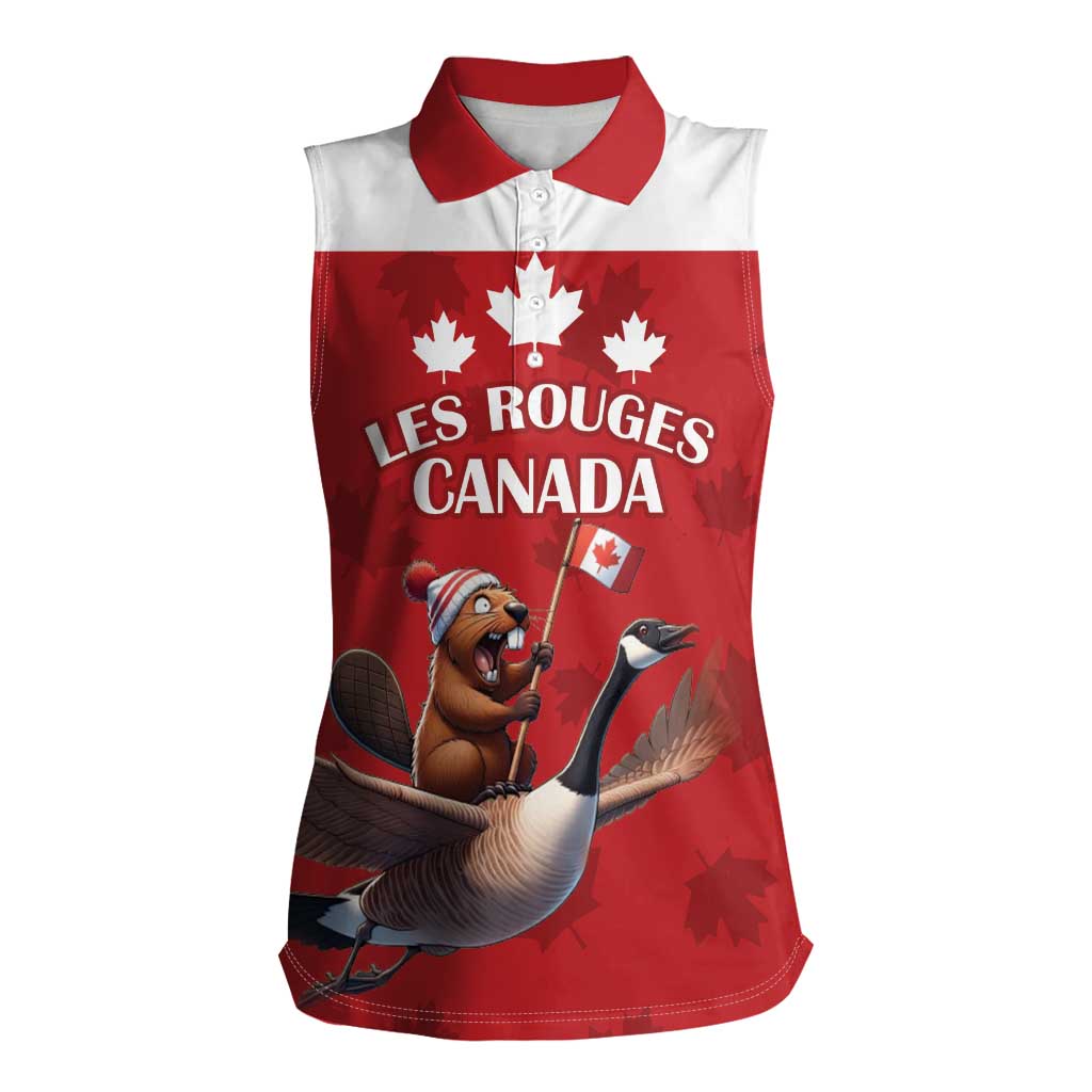 Custom Canada Rugby Women Sleeveless Polo Shirt Beaver Riding A Goose