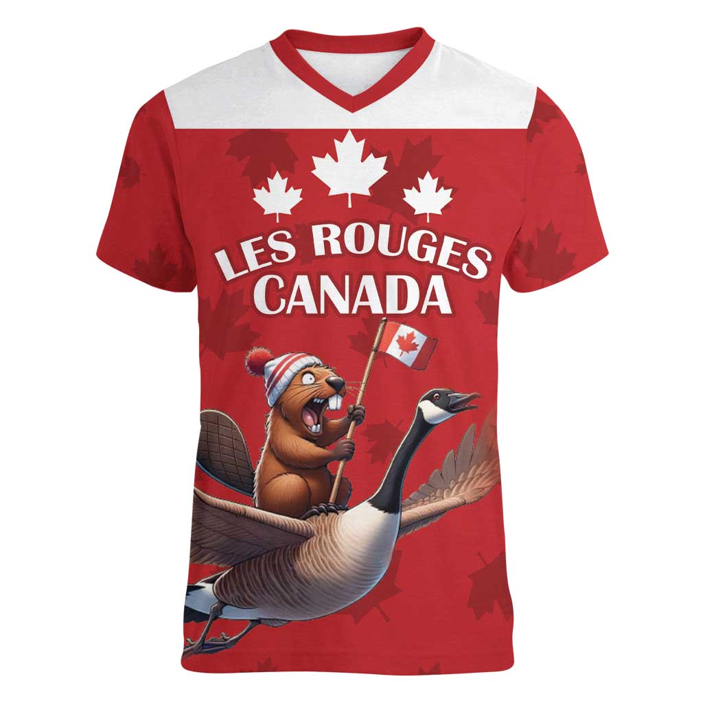 Custom Canada Rugby Women V-Neck T-Shirt Beaver Riding A Goose