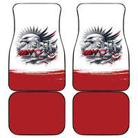 Four car mats: two with white top and red stripe, featuring a white eagle graphic.