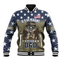Blue and camo baseball jacket with star sleeves and U.S. Veterans Proud Dad print