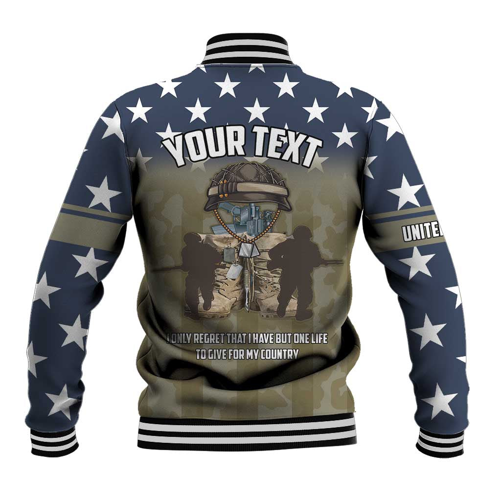 Blue and camo baseball jacket with star sleeves and back 'YOUR TEXT' graphic