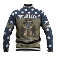 Blue and camo baseball jacket with star sleeves and back 'YOUR TEXT' graphic