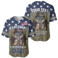 Two blue camo baseball jerseys: one 'Proud Dad' front, one 'Your Text' back