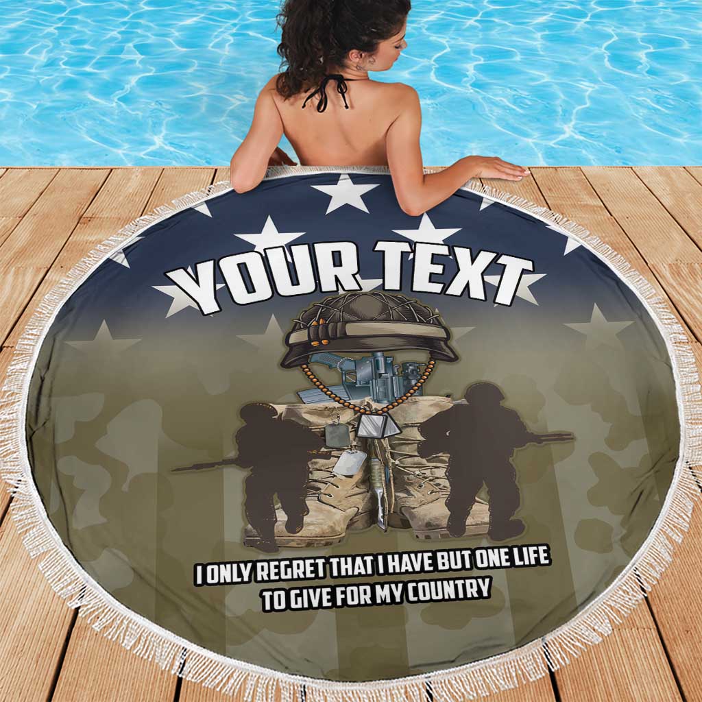 Round beach blanket with white fringe, 'YOUR TEXT' and soldier scene on navy backdrop