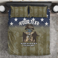 Personalized bedding set with olive camouflage duvet, blue star border, “YOUR TEXT”