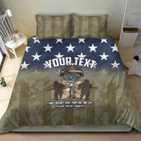 Personalized camo olive and blue star bedding set with “YOUR TEXT” on duvet and pillows