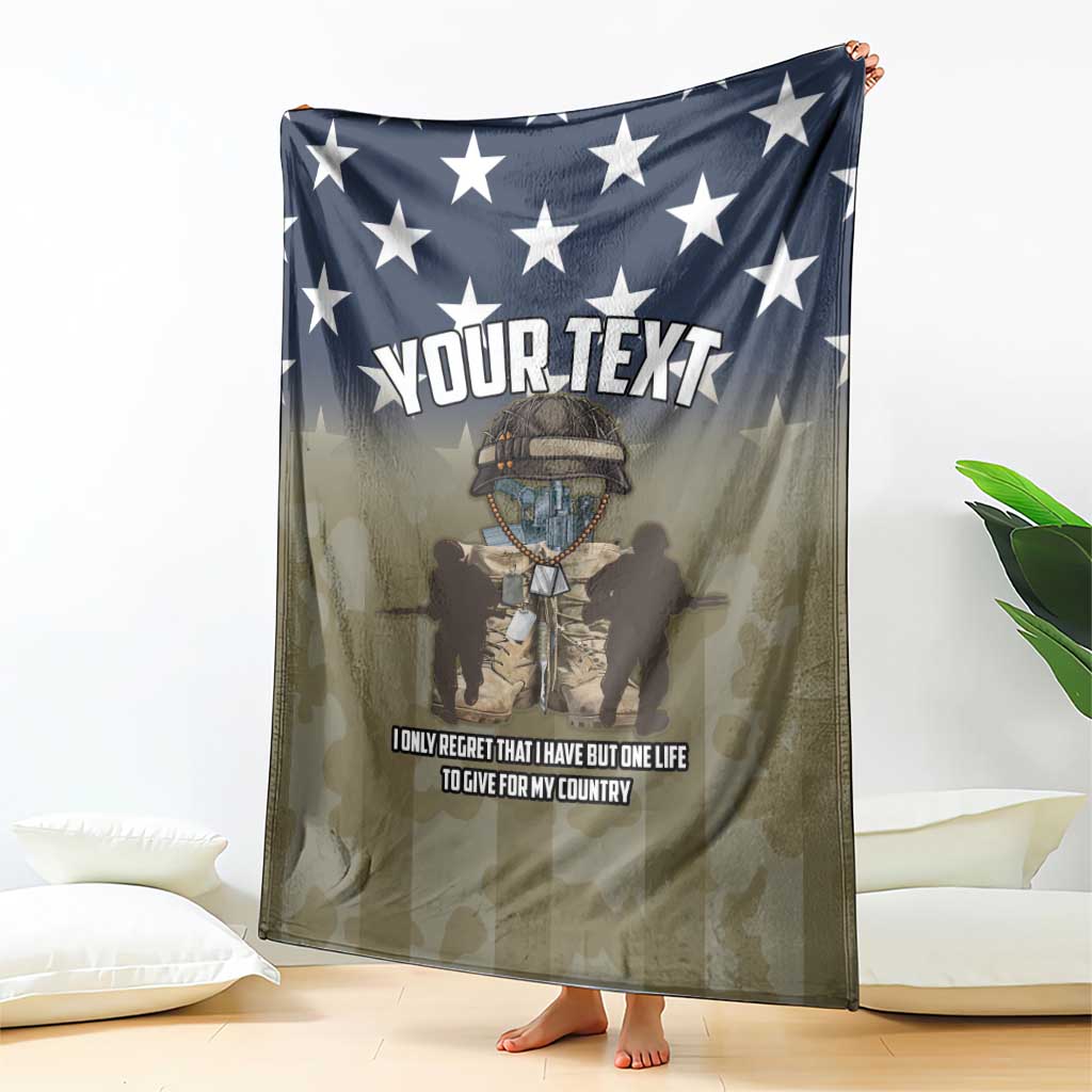 Hanging camo blanket with navy star field and “YOUR TEXT” graphic