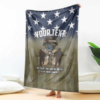 Hanging camo blanket with navy star field and “YOUR TEXT” graphic