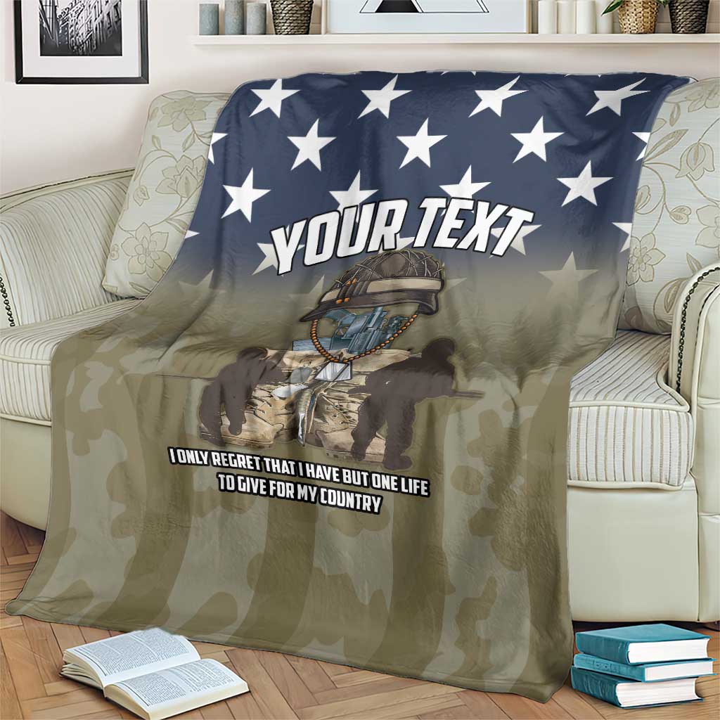 Blue and olive camo American flag blanket with stars and bold “YOUR TEXT” print