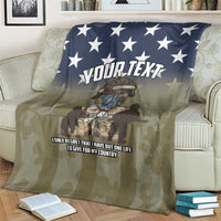 Blue and olive camo American flag blanket with stars and bold “YOUR TEXT” print