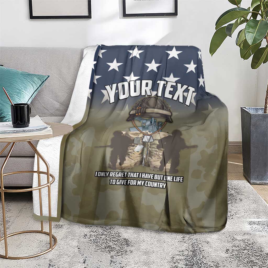 Oversized camo blanket with navy star border and “YOUR TEXT” personalization text