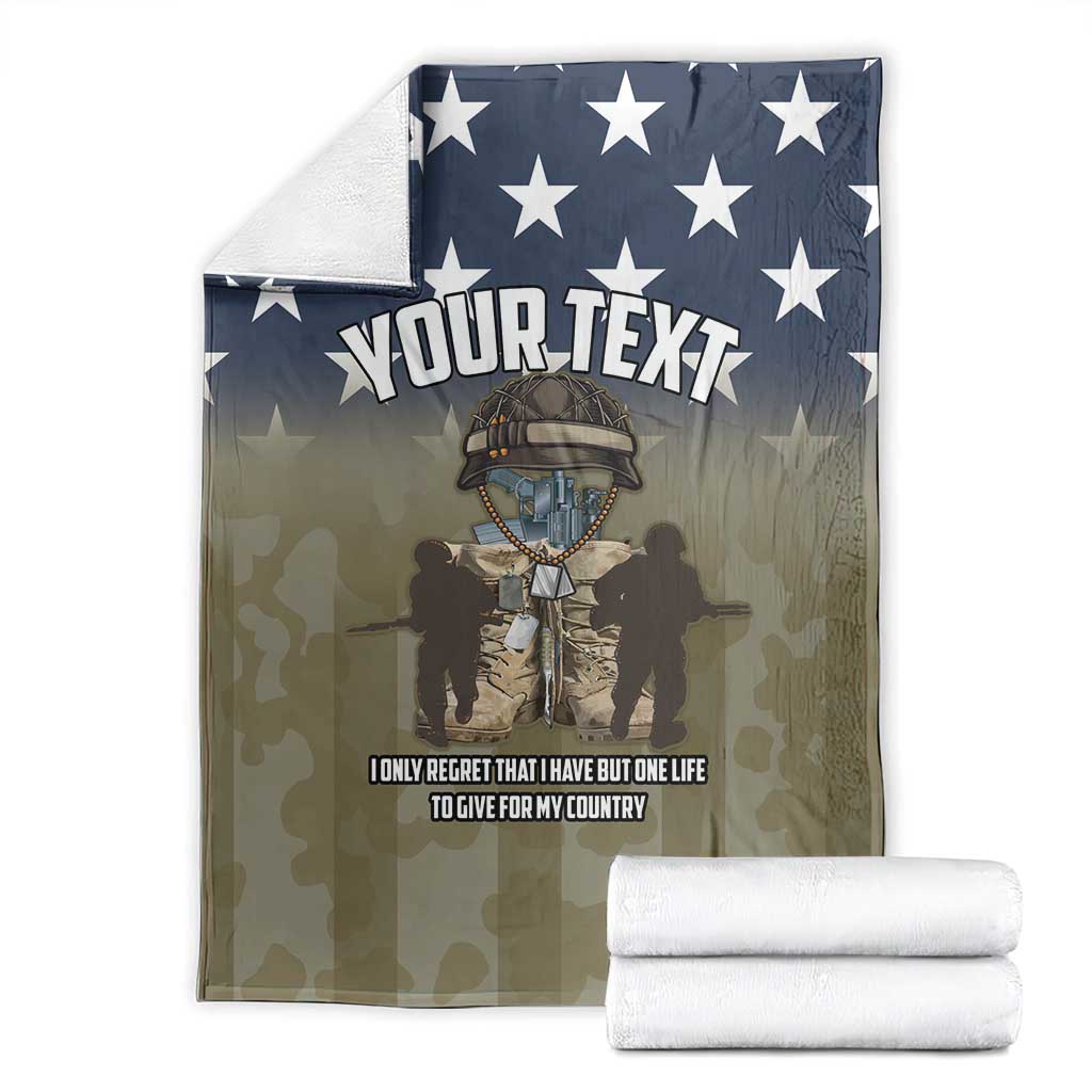Stacked camo blanket set showing navy stars, “YOUR TEXT,” and patriotic slogan