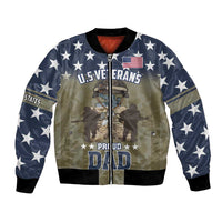 Blue bomber jacket with star sleeves, camo front, US Veterans badge, Proud Dad text